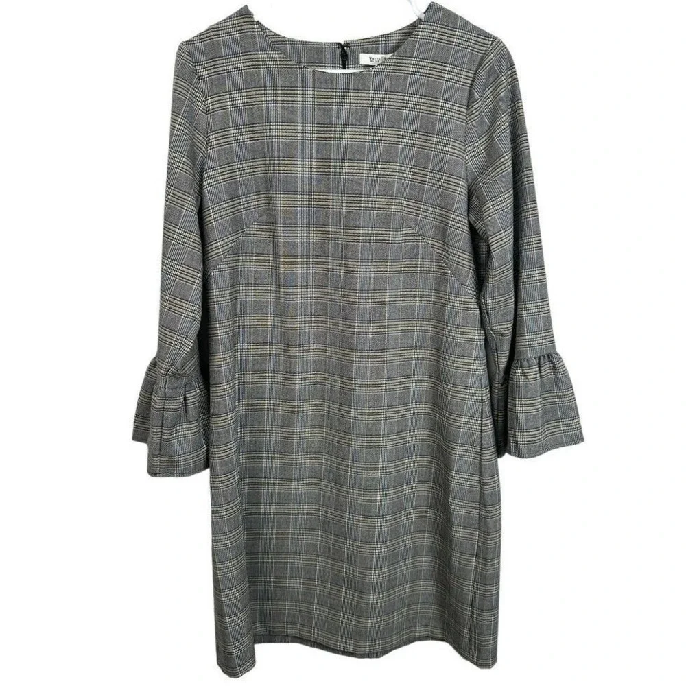 White‎ House Black Market Grey Plaid Ruffle Sleeve Shift Dress Size 8